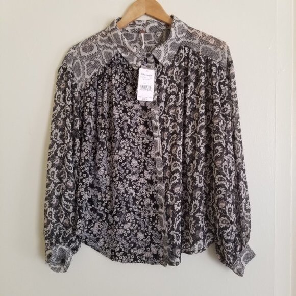 NWT Free People Dani Oversized Buttondown Shirt – Black Combo - Small - Picture 1 of 12
